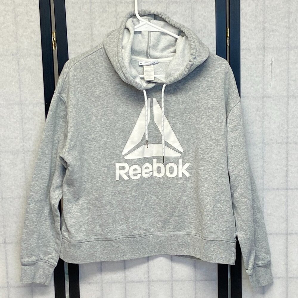 Reebok Pull On Grey Fleece Hoodie White Reebok Logo Graphic Front M Long Sleeve